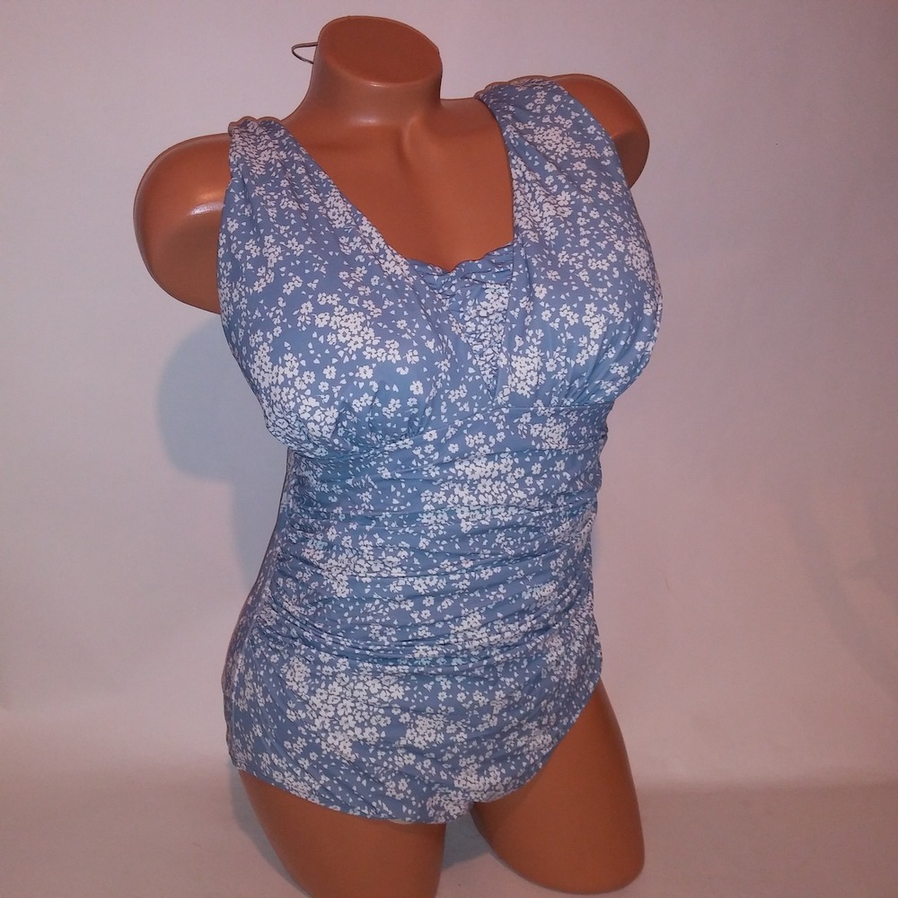 Lands End Swim One Piece Size 16W Blue White Floral Lightly Lined Wireless New